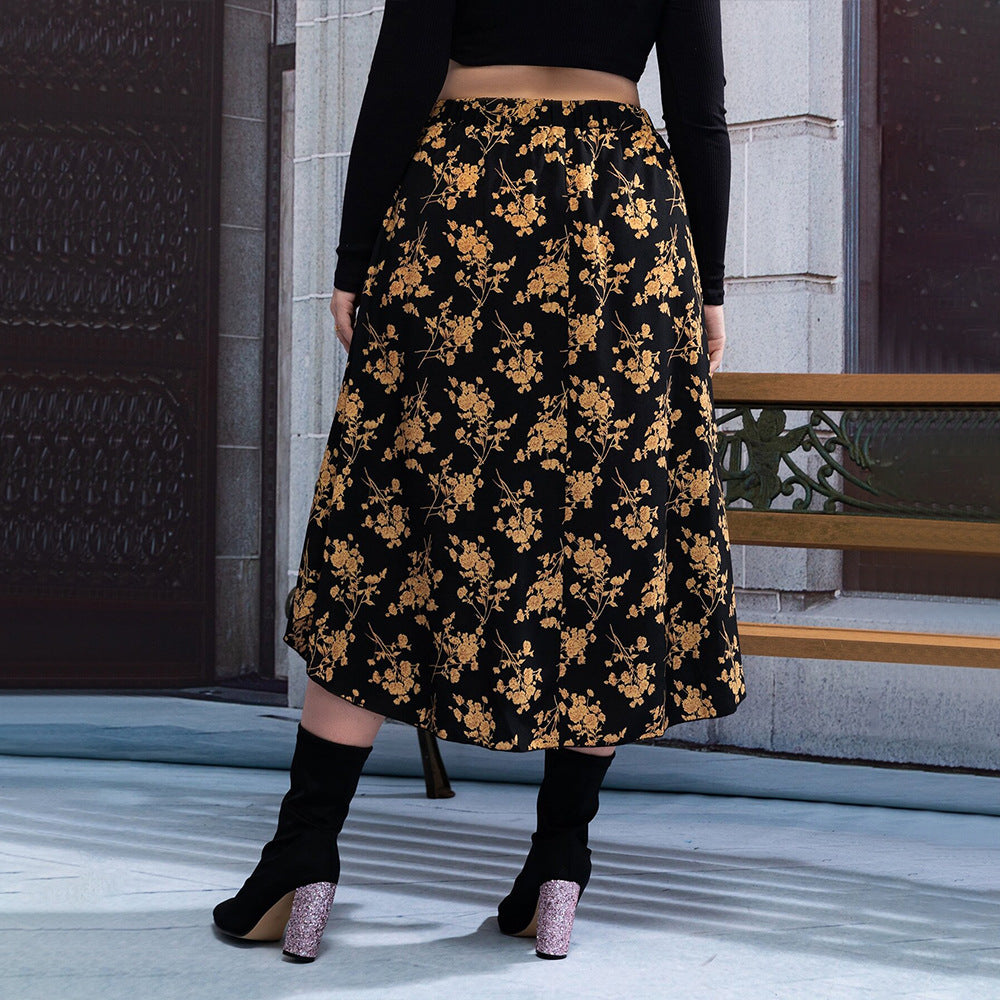 Commuter Style High-waisted Draped Floral Print Skirt