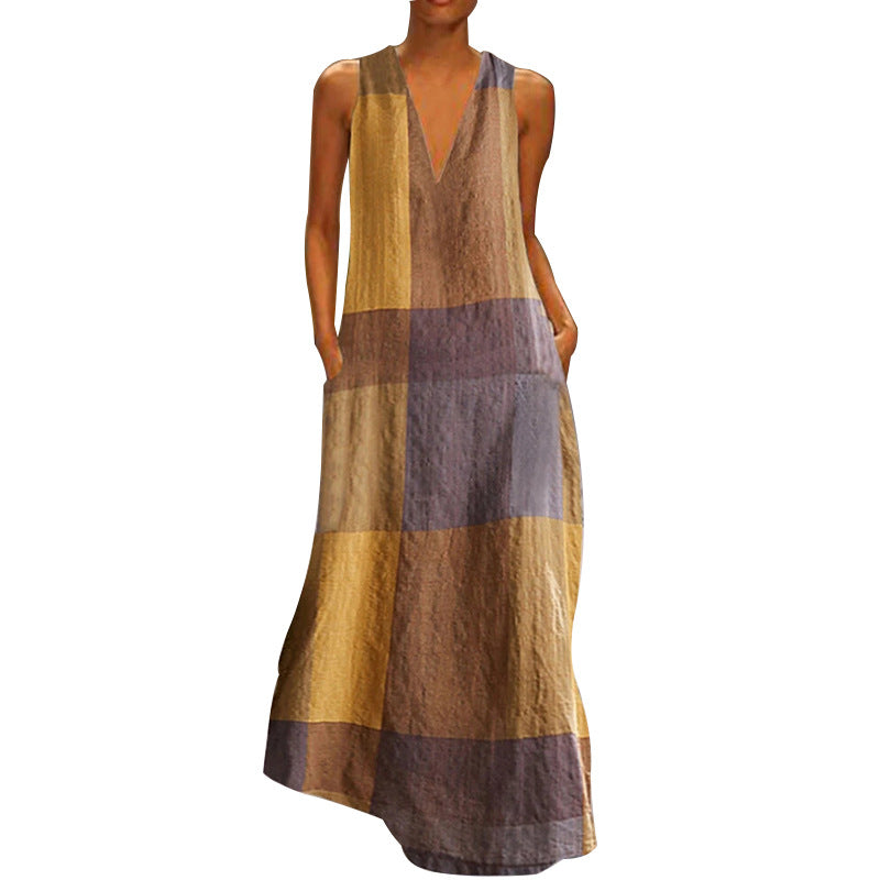 Vintage plaid sleeveless V-neck dress