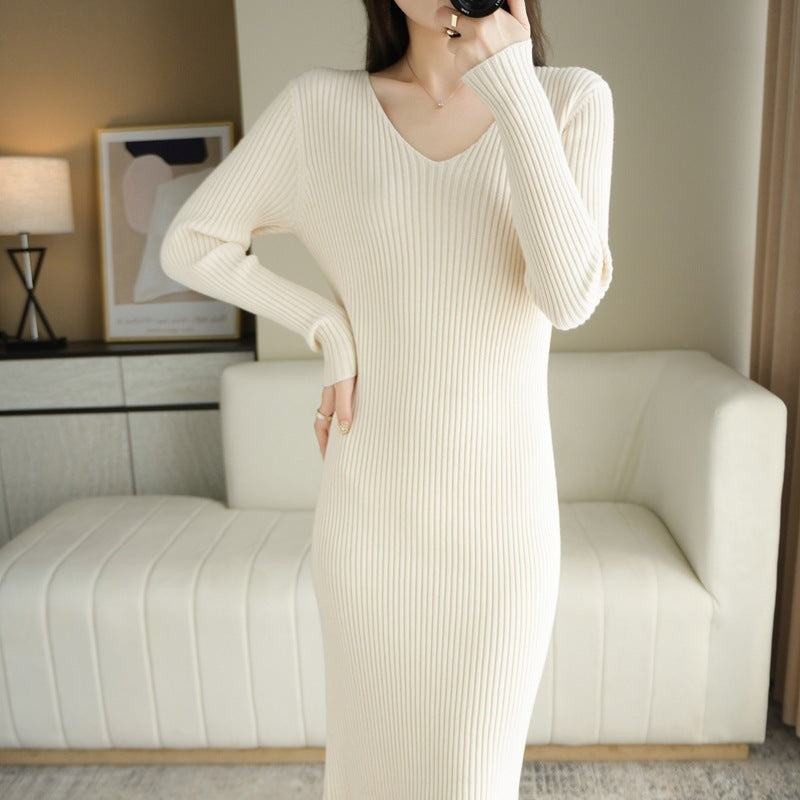 Long-sleeve Knitwear Autumn And Winter New Versatile Slim-fit V-neck Long Tight Sweater Dress For Women
