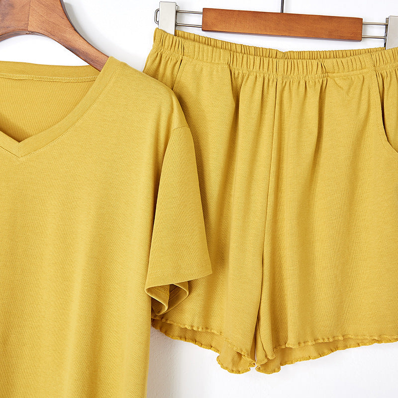 Cotton Knitted Thread V-Neck Short-Sleeved Pajama Set