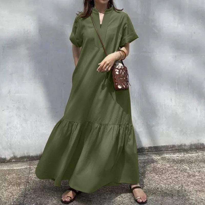 Women's Stand Collar Short Sleeve V-neck Placket Loose Fishtail A-line Long Dress