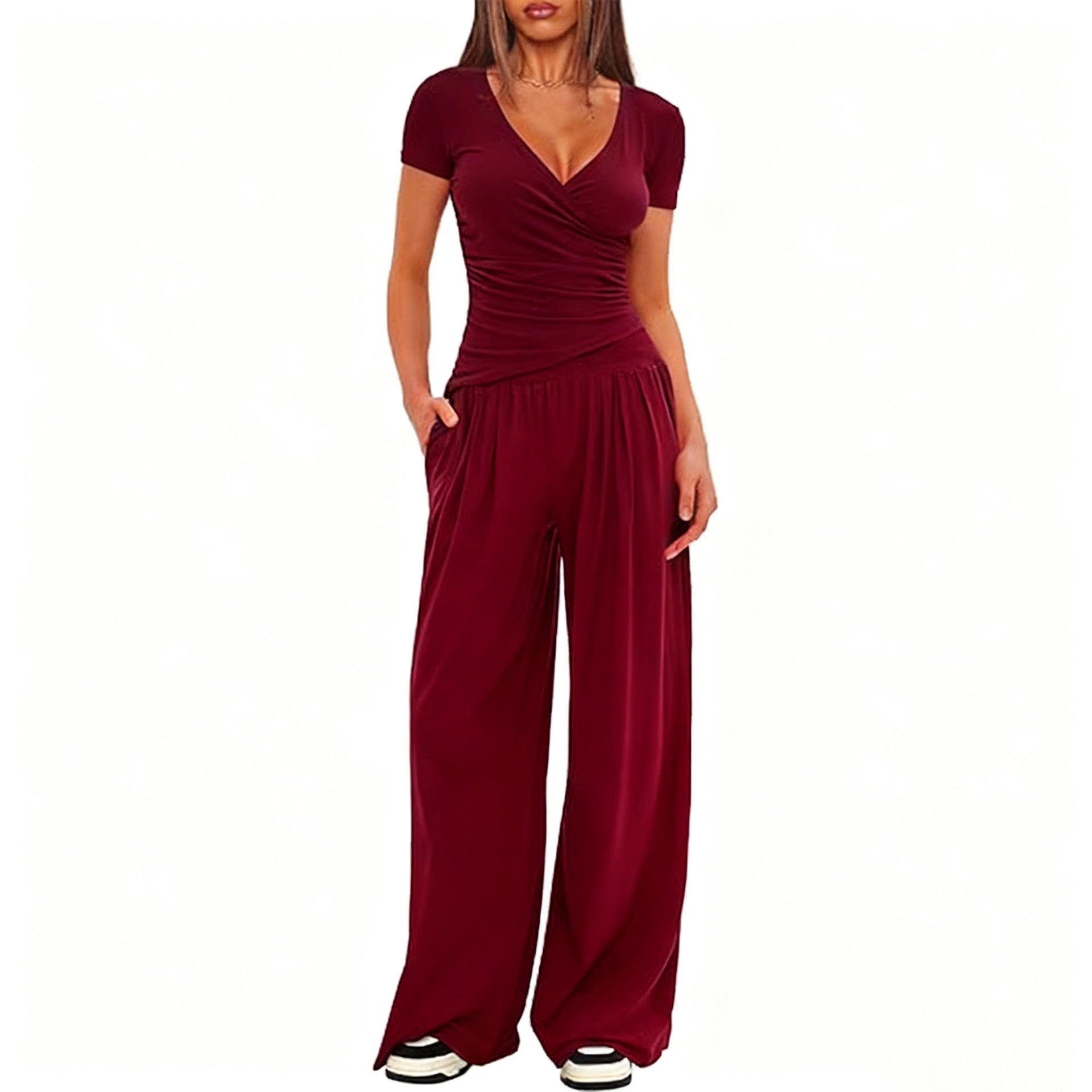 Women's Short-sleeve Sportswear And Wide-leg Pants Set