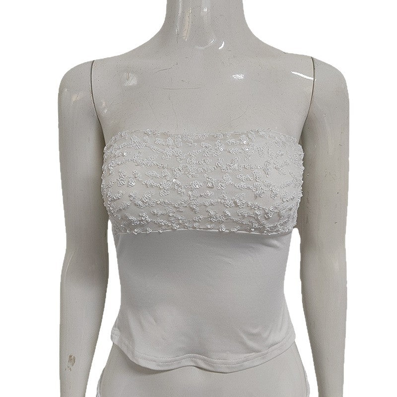 New Spliced Sequin White Sleeveless Tank Top