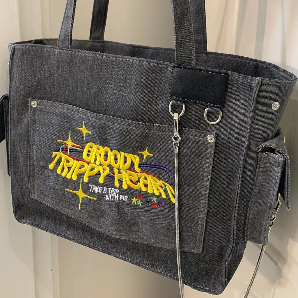 Niche Trendy Washed Canvas Embroidered Monogrammed Lightweight Tote Bag