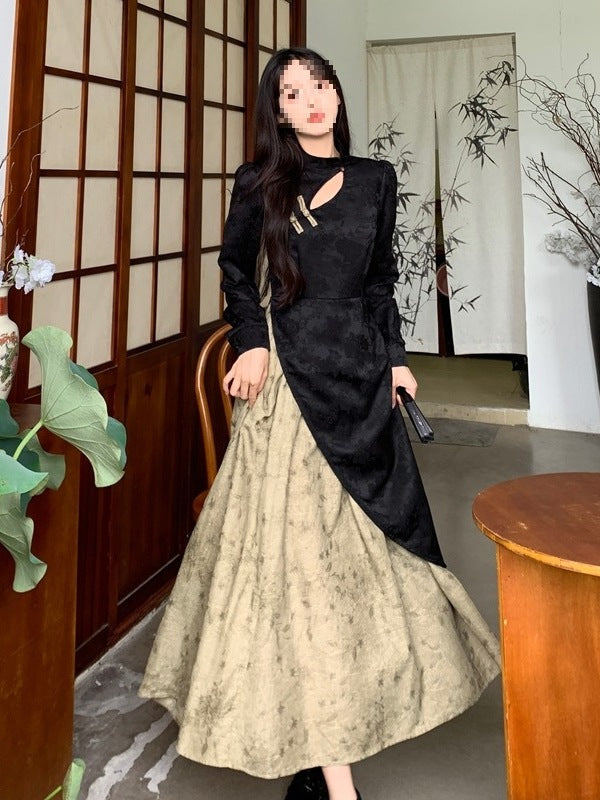 New Chinese-style Faux Two-piece Long-sleeve Dress Figure-flattering Mid-length Skirt For Women