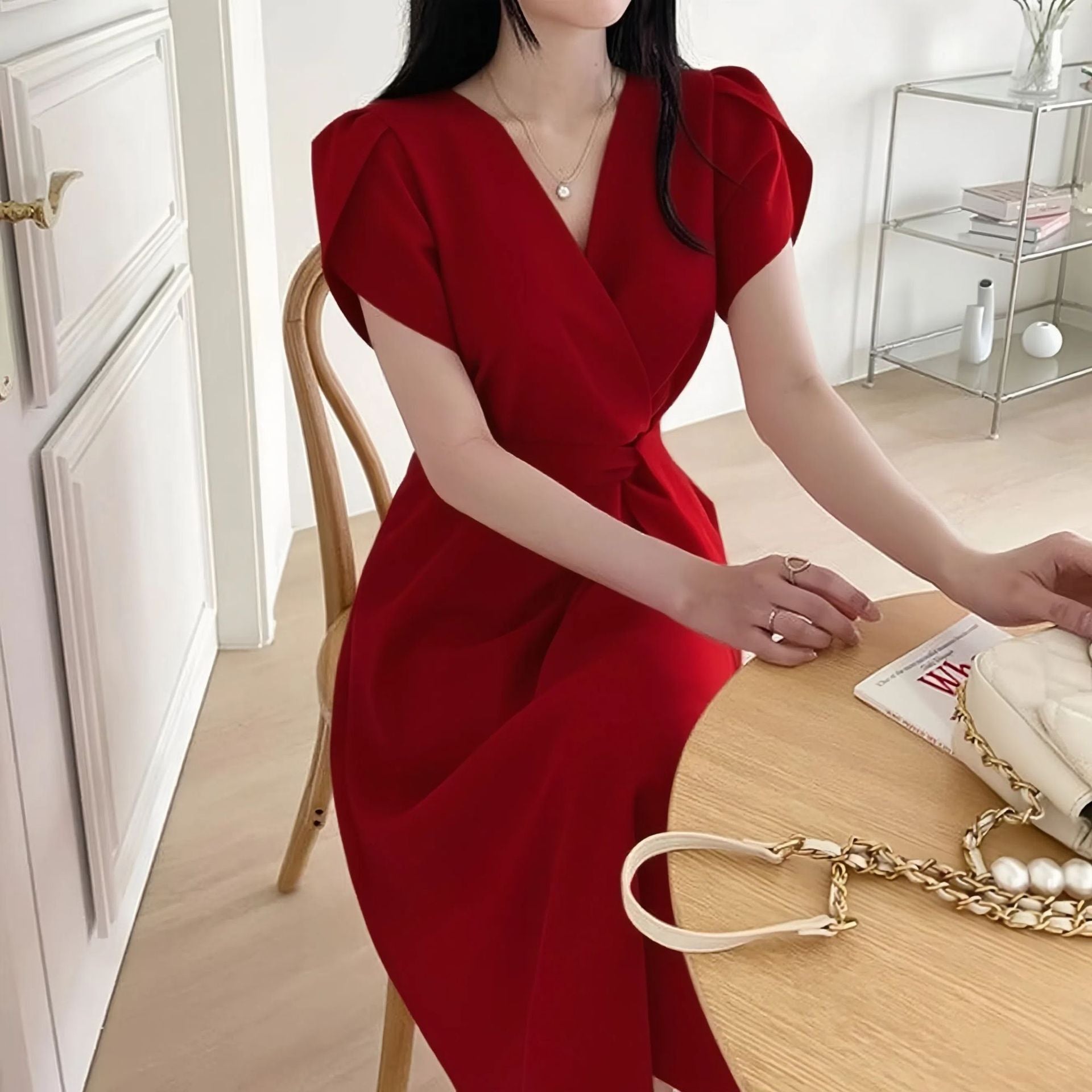 Women's Solid-Color French-Style Cross-Neckline Lace-Up Bud Dress