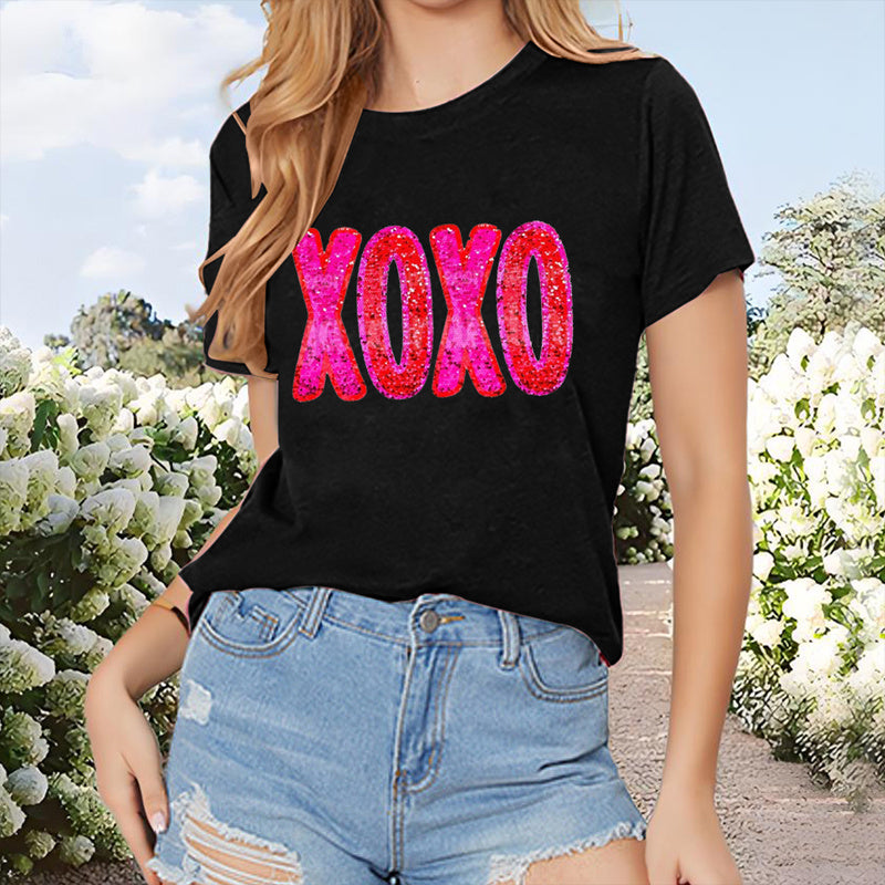 Women's 'XOXO' Letter Print T-Shirt - Casual Crew Neck Short Sleeve Tee, Soft Summer Top