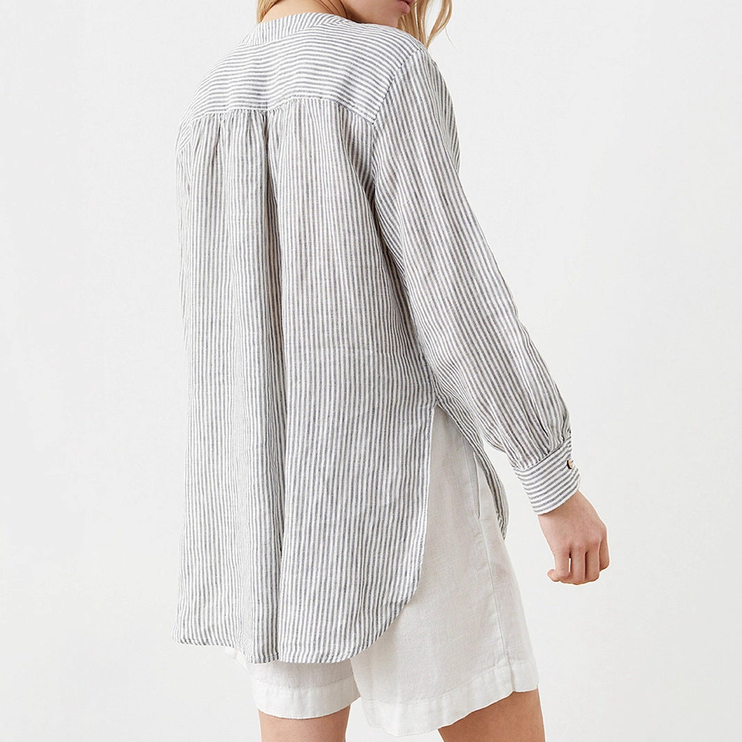 Women's Long Sleeve Stand-up Collar Striped Shirt