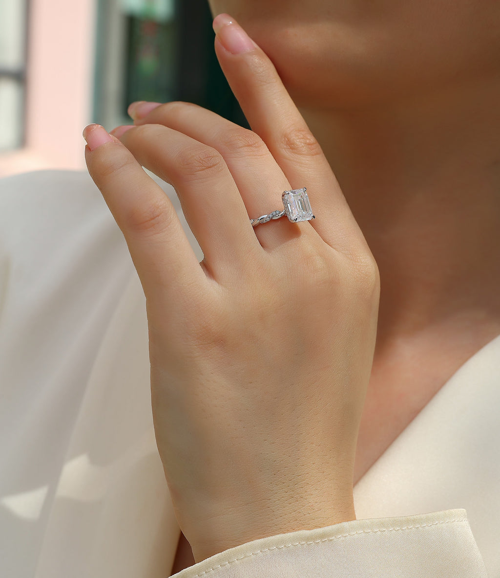 Chasing Light - A Wedding Ring Set With Top-quality Octagonal Moissanite S925 In Silver And Platinum-plated. The Ring Can Be Inspected With A Diamond Pen