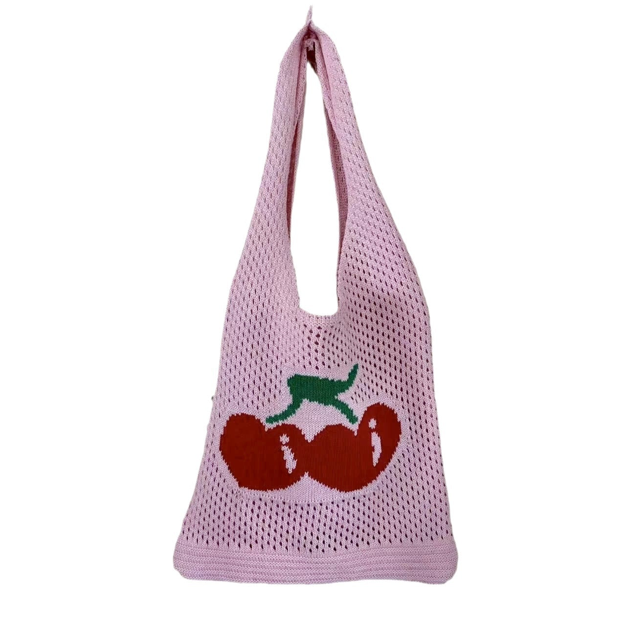 Large Capacity Totes Cherry Embroidered Handbag Knitted Hollow