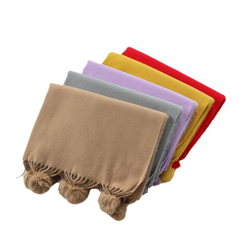 Versatile New-Style Womens Cape With Pompoms Cashmere And Wool Scarf