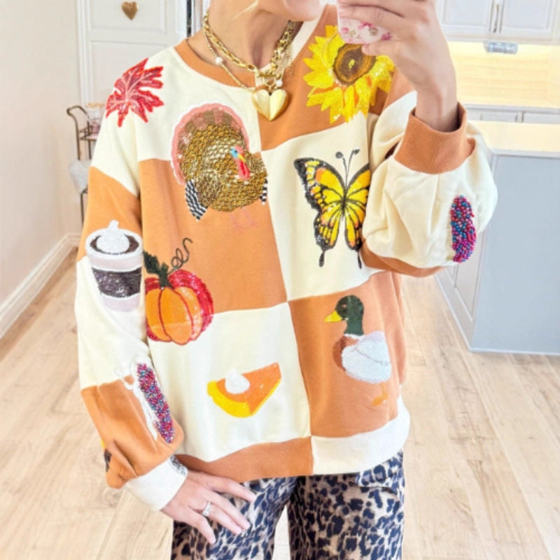 Pumpkin Butterfly Bouquet Duck Print Women's Round Neck Sweatshirt