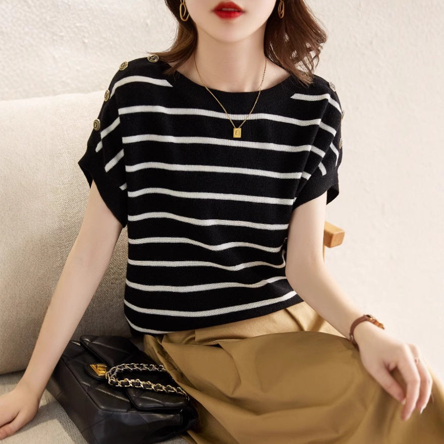 New Striped Top Ice Silk Short Sleeve Slimming And Flesh-covering T-shirt