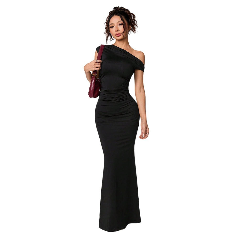 Women's Sexy Socialite-style Dress Summer Off-shoulder Slant-neck Black Evening Gown Maxi Dress