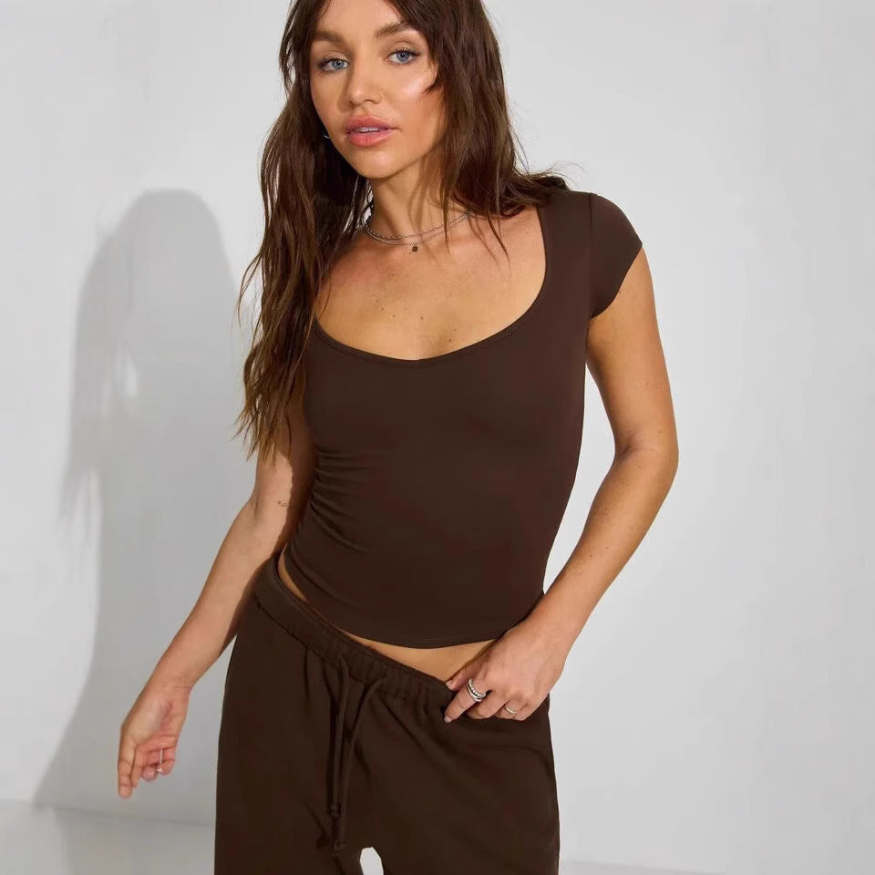 Summer Women's Slim Heart Collar Solid Color Casual Short Sleeve