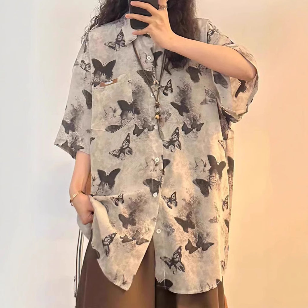 Women's Ink Painting Full Printed Butterfly Short Sleeve Shirt