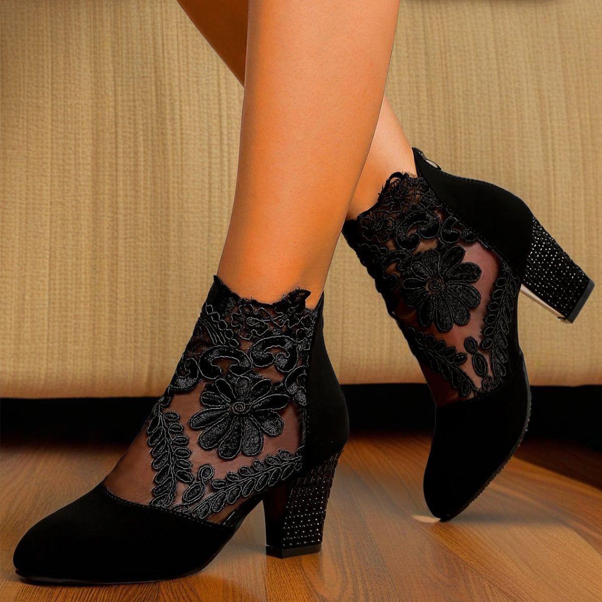 CBlack Lace Embroidered Mesh Ankle Boots, Chunky Rhinestone High-heeled Ankle Boots, Suede Patchwork Sexy Hollow-out Women's Boots, Versatile For Dating And Commuting, Exuding Elegant Femininity, Uniq