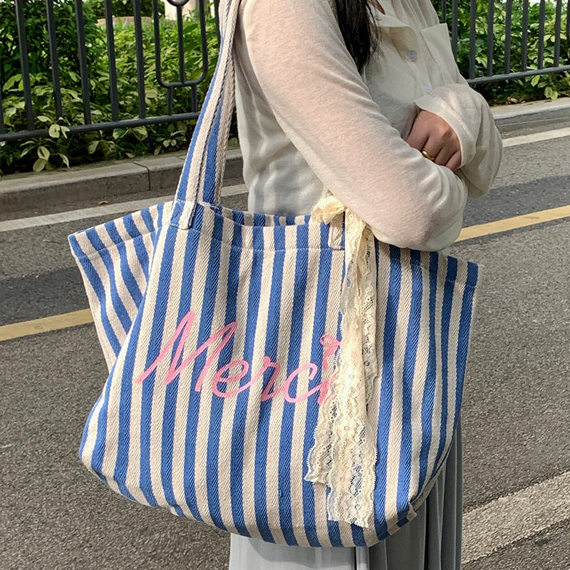 Blue Striped Letters Printed All-matching Canvas Bag
