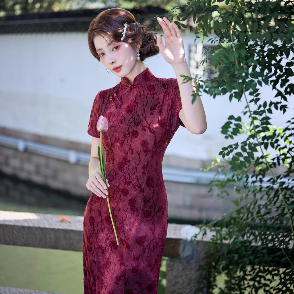 Wearable Flocking Red Small Flower Mid-length Cheongsam Women's Short Sleeve Retro