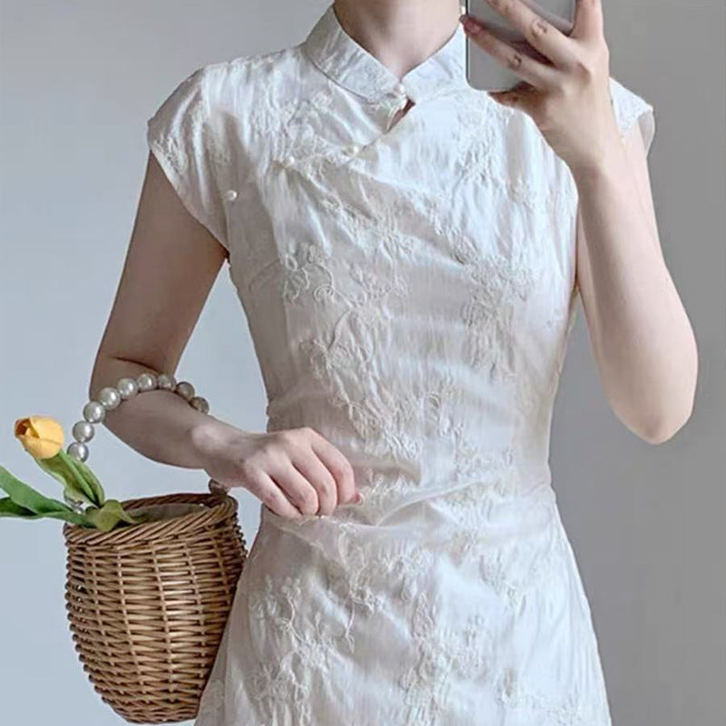 Women's Casual Chinese-Style Embroidered Stand-Collar Dress