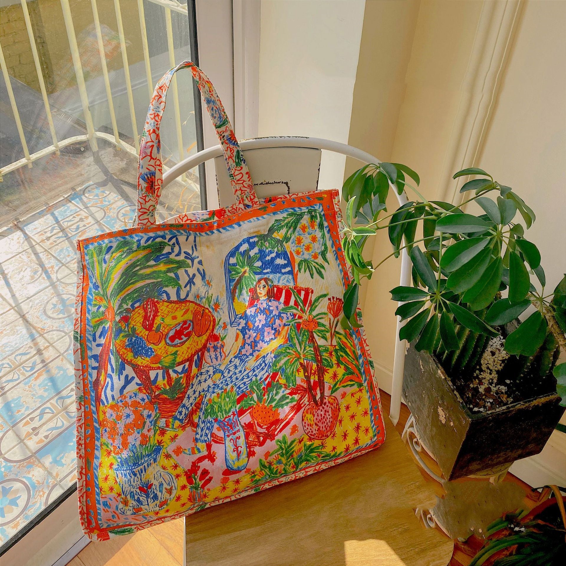 Double Sided Printed Canvas Bag Commuter Large Capacity Shoulder