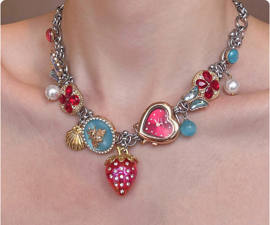 Red Blue Strawberry Clock Butterfly Titanium Steel Necklace