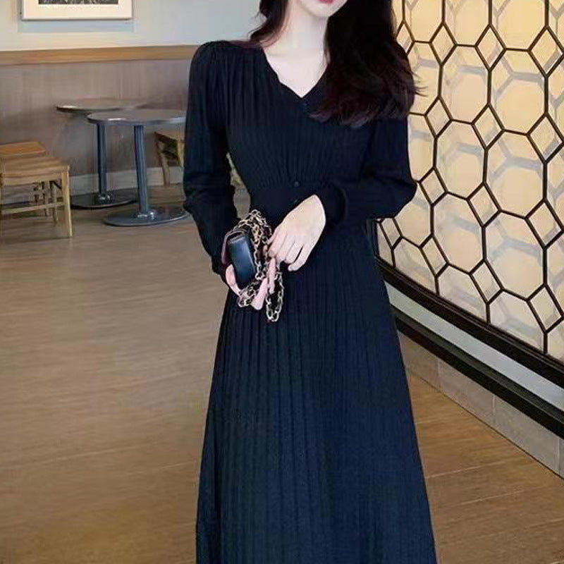 High-waisted Dress With V-neck Long Sleeve For Women