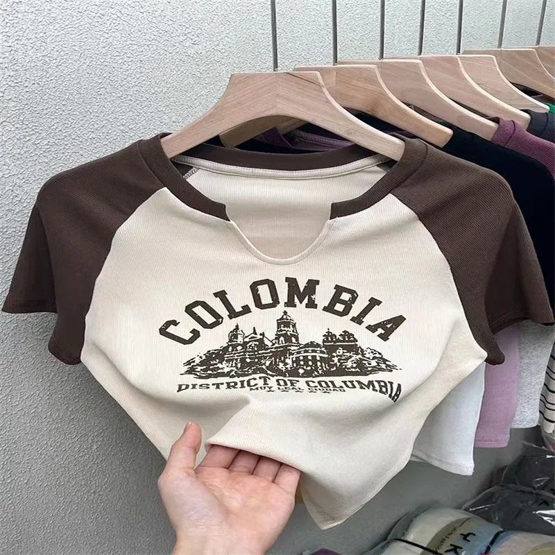 Shoulder Slimming Letters Short-sleeved T-shirt Women's Color Matching Casual Print Top