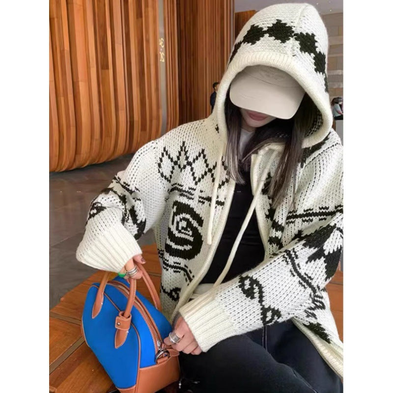 Vintage Jacquard Contrast Color Hooded Sweater