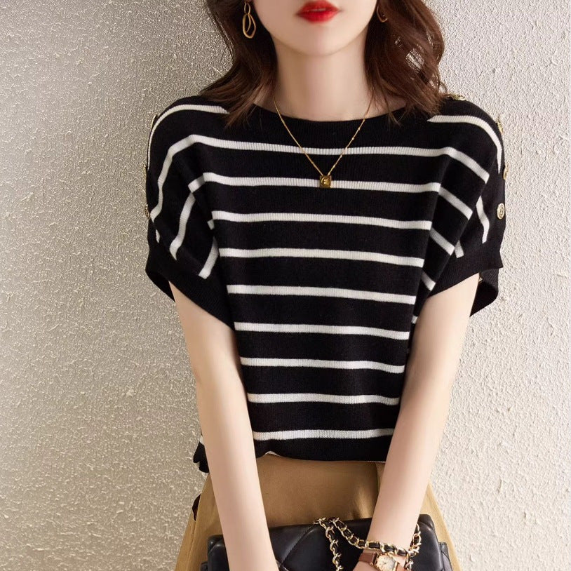 New Striped Top Ice Silk Short Sleeve Slimming And Flesh-covering T-shirt