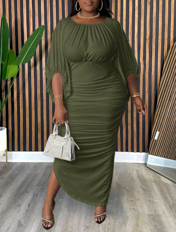 Solid Color Round Neck Raglan Sleeve Fashionable Shirred Long Dress