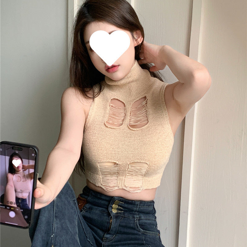 Cutout Half Turtleneck Knitted Vest For Women Slimming Holes Off-the-shoulder