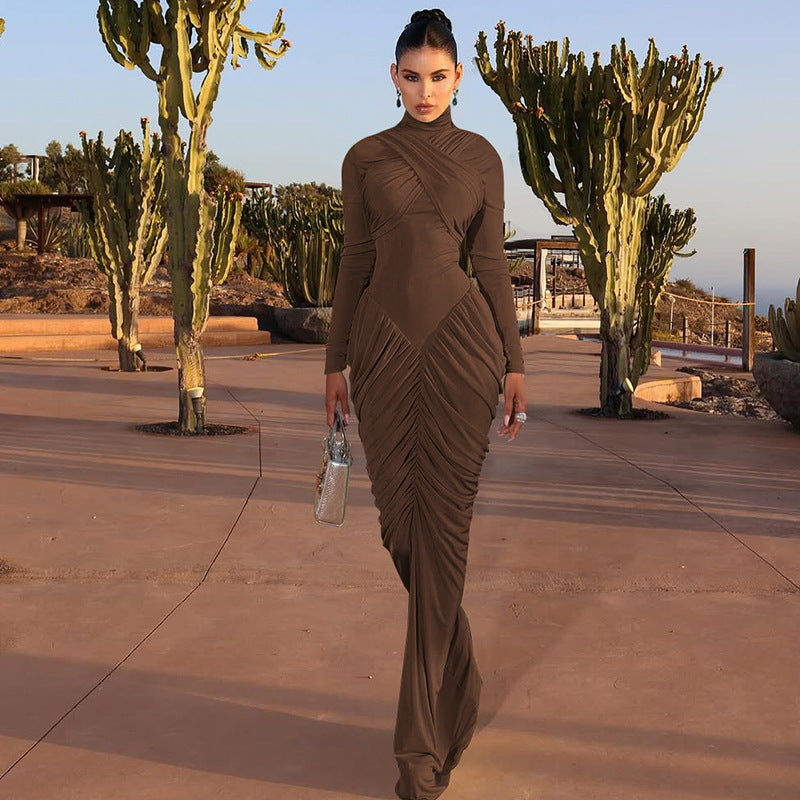 Women's Solid Color High Neck Long Sleeve Ruffle Back Bodycon Dress