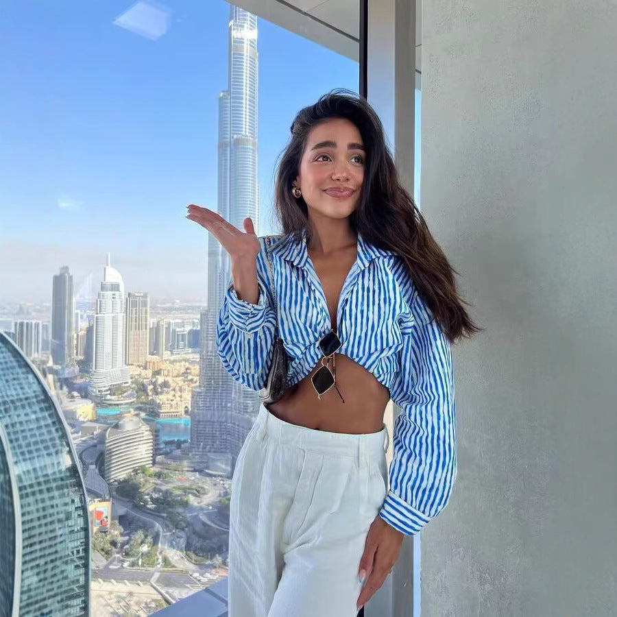 Women's Turn-down Collar Striped Long Sleeve Shirt