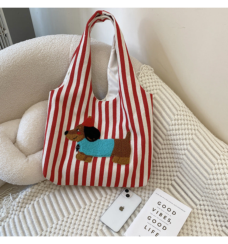 Cute Cartoon Embroidery Puppy Shoulder Bag Fashion Striped Hand-carrying Canvas Bag