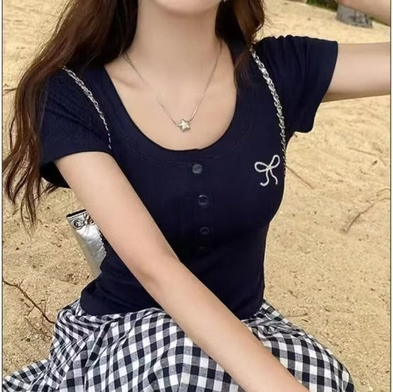 Bow Embroidered V-neck Bottoming Short-sleeved Women's All-match Top
