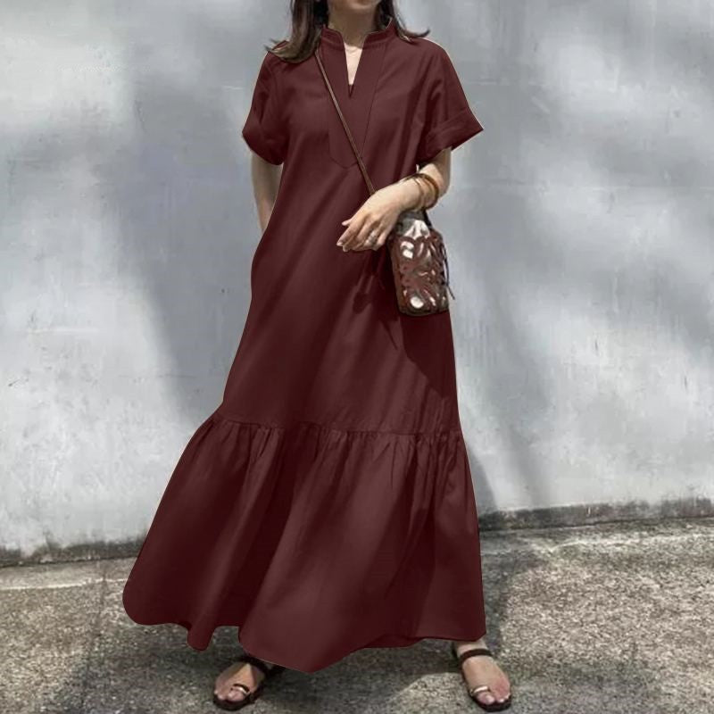 Women's Stand Collar Short Sleeve V-neck Placket Loose Fishtail A-line Long Dress