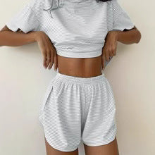 Women's Striped Casual Short-sleeved Top With Side Slit Shorts Set