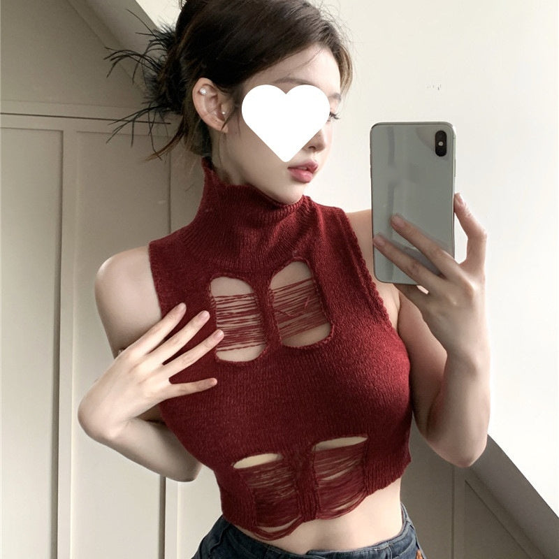 Cutout Half Turtleneck Knitted Vest For Women Slimming Holes Off-the-shoulder