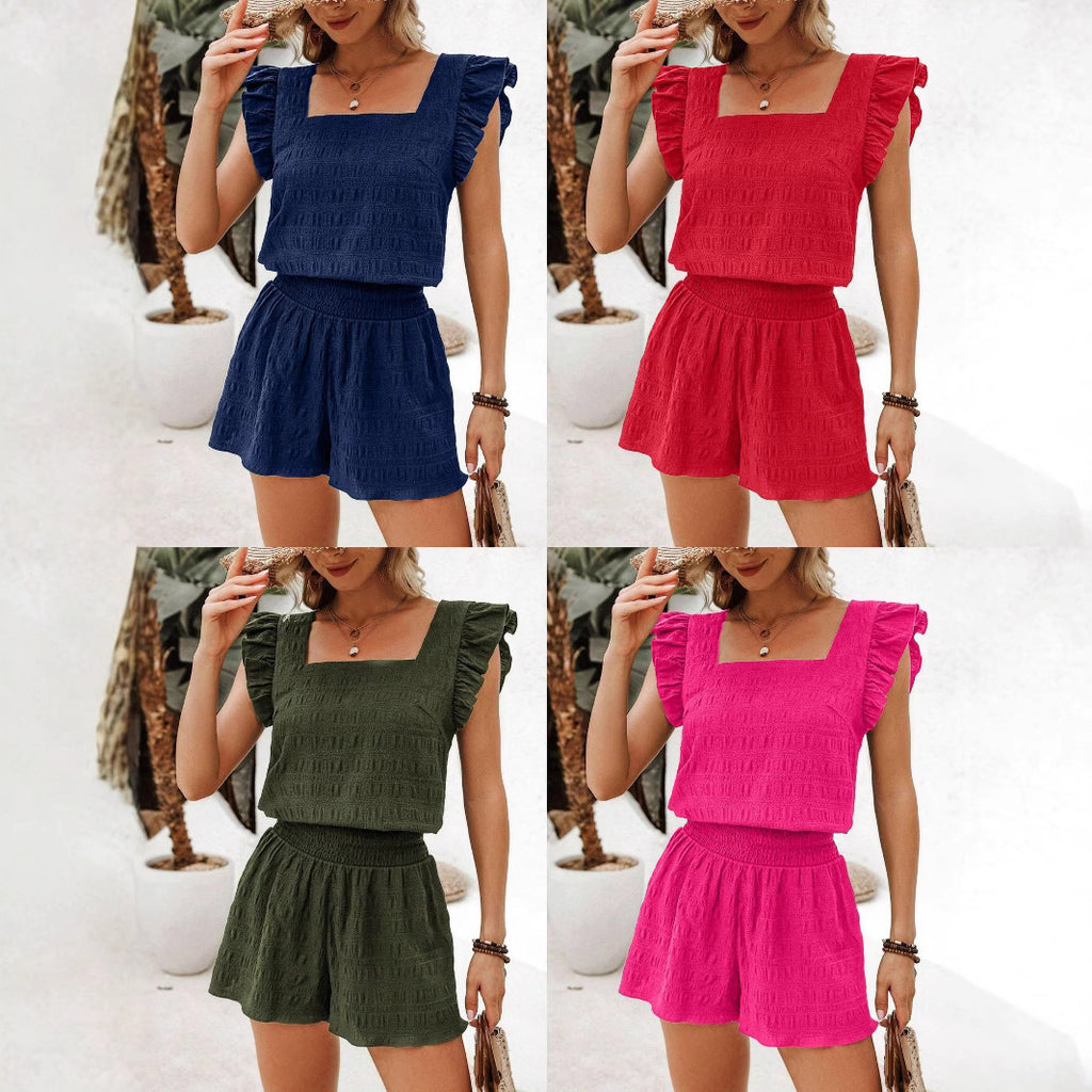 Square Neck Ruffled Casual Shorts Set For Women