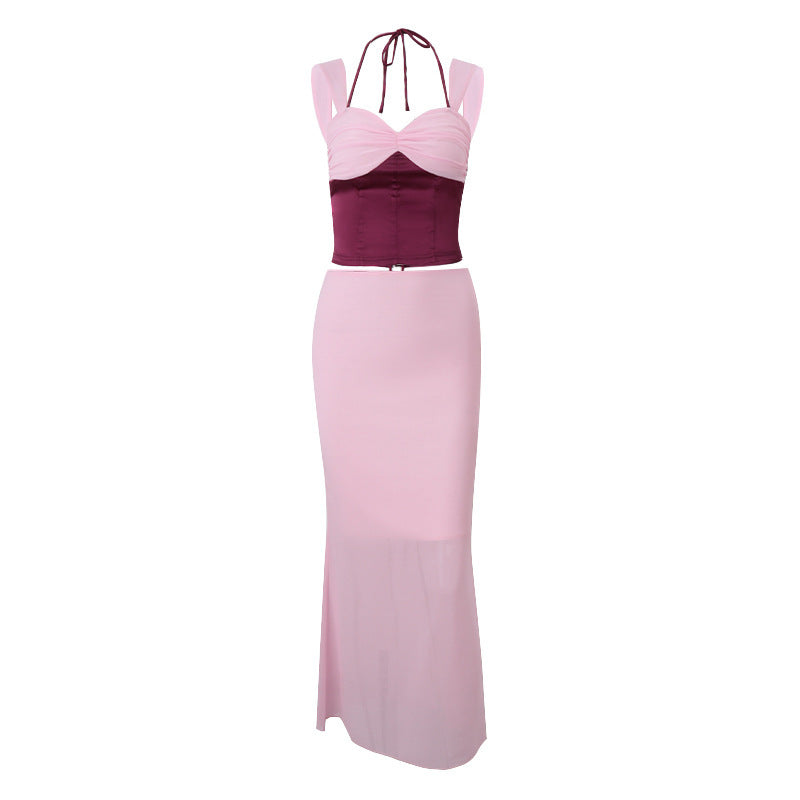 European And American Sexy Hot Girl Crop-top Spaghetti-strap Top Slim Hip Skirt Suit Women