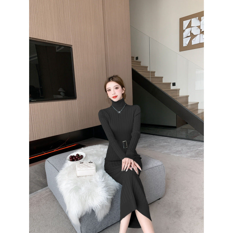 Elegant High-neck Sweater Paired With A High-waisted Stretchy Figure-hugging Knit Sheath Dress