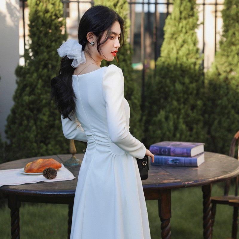 Unique White French Women's Square Neck Dress