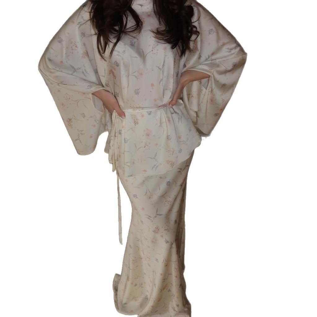 Batwing-sleeve Elegant Belted Top And Floral Skirt Set For Women