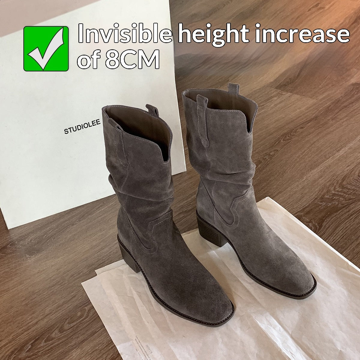 Height-increasing 8cm Round Toe Chunky Heel Slimming High Shaft Ankle Boots