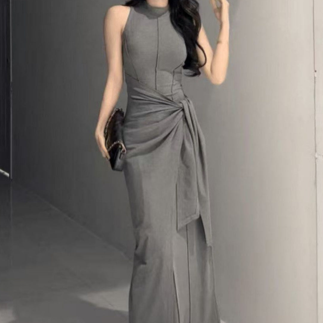 Womens Solid-Color French-Style Resort-Ready Sleeveless Two-Piece Look Dress