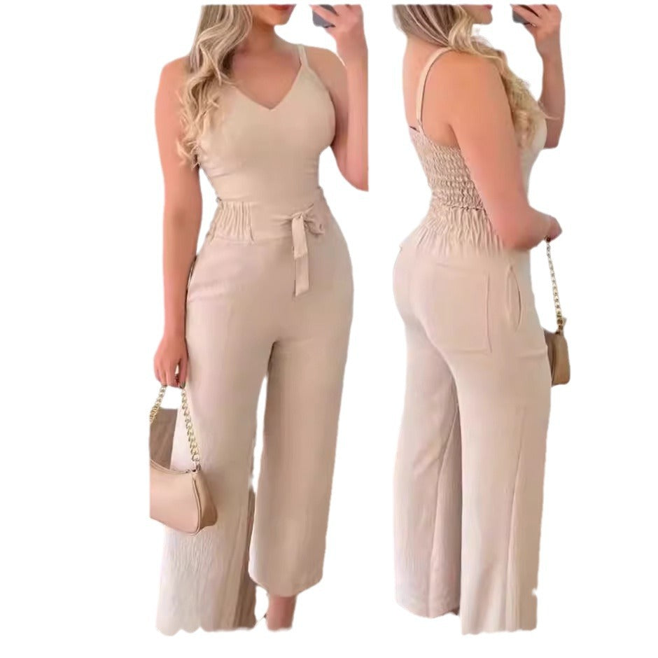 Women's Solid Color Slim Elastic Pleated Two-Piece Suit Sexy Spaghetti Strap V-neck Backless Vest High Waist Wide Leg Pants Suit