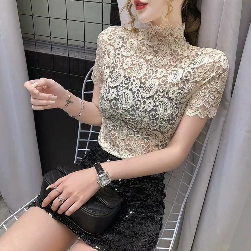 Paisley Lace Stand-up Collar Short-sleeved T-shirt