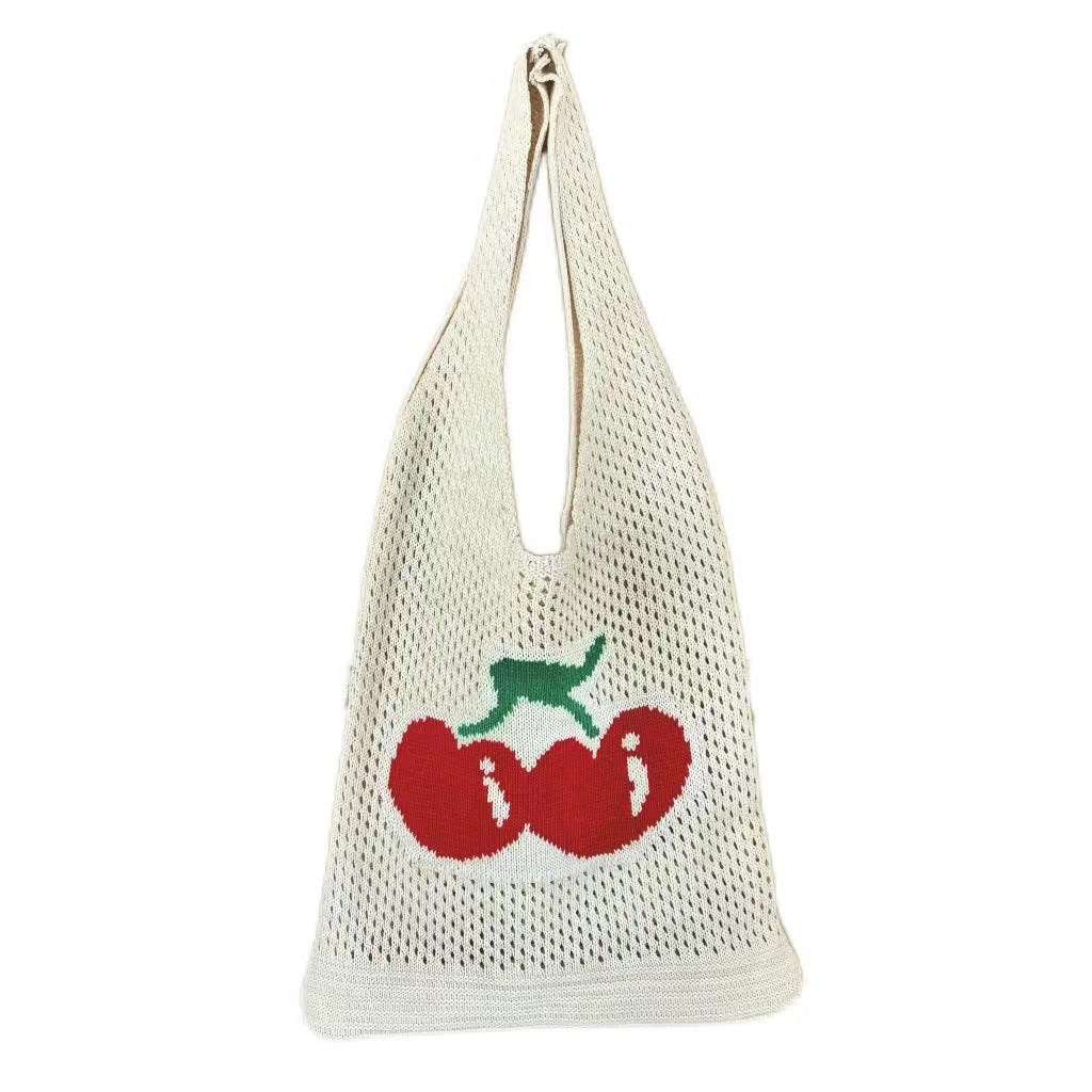 Large Capacity Totes Cherry Embroidered Handbag Knitted Hollow