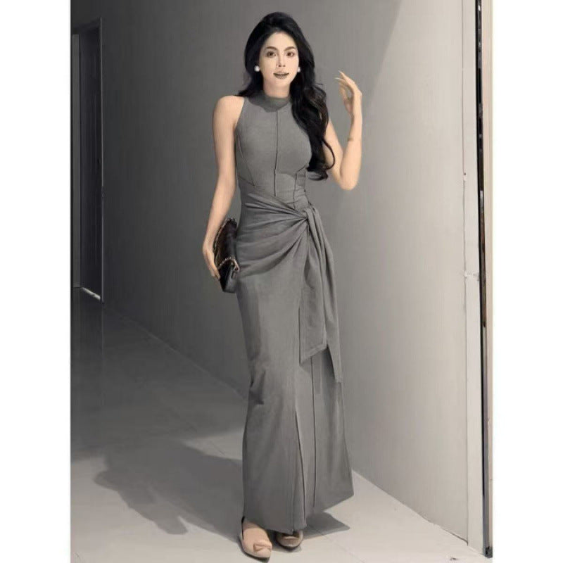 Womens Solid-Color French-Style Resort-Ready Sleeveless Two-Piece Look Dress